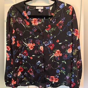 Allison Joy V-neck Floral Button Front Top Blouse Shirt Lightweight Sz S